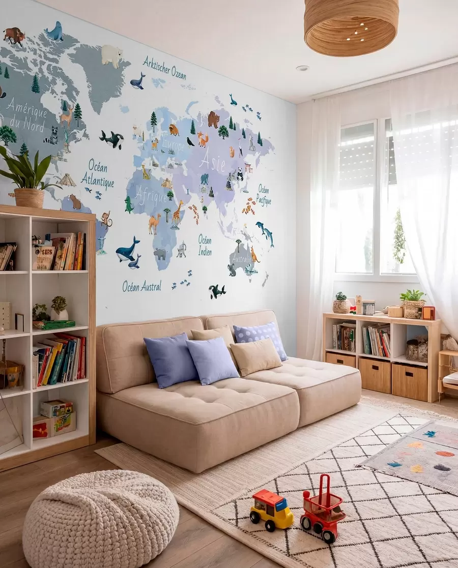 murais de parede Um mapa azul em estilo aquarela, com animais, plantas e arquitetura. Legendas em francês c00009frv1