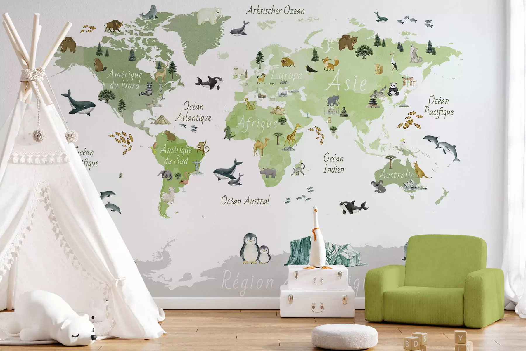murais de parede Um mapa verde em estilo aquarela, com animais, plantas e arquitetura. Legendas em francês c00009frv2