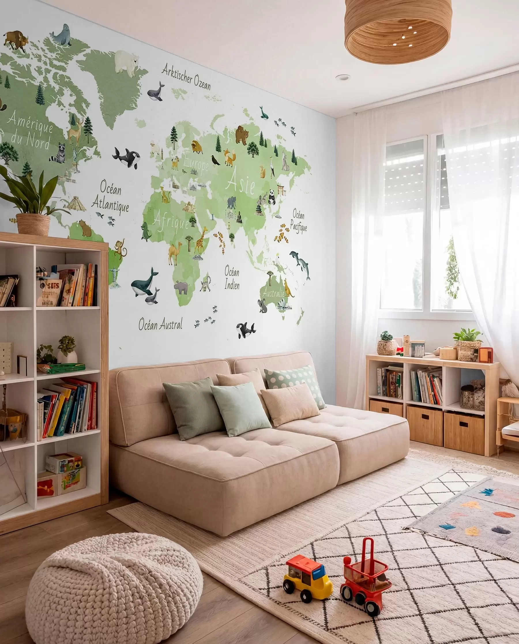 murais de parede Um mapa verde em estilo aquarela, com animais, plantas e arquitetura. Legendas em francês c00009frv2