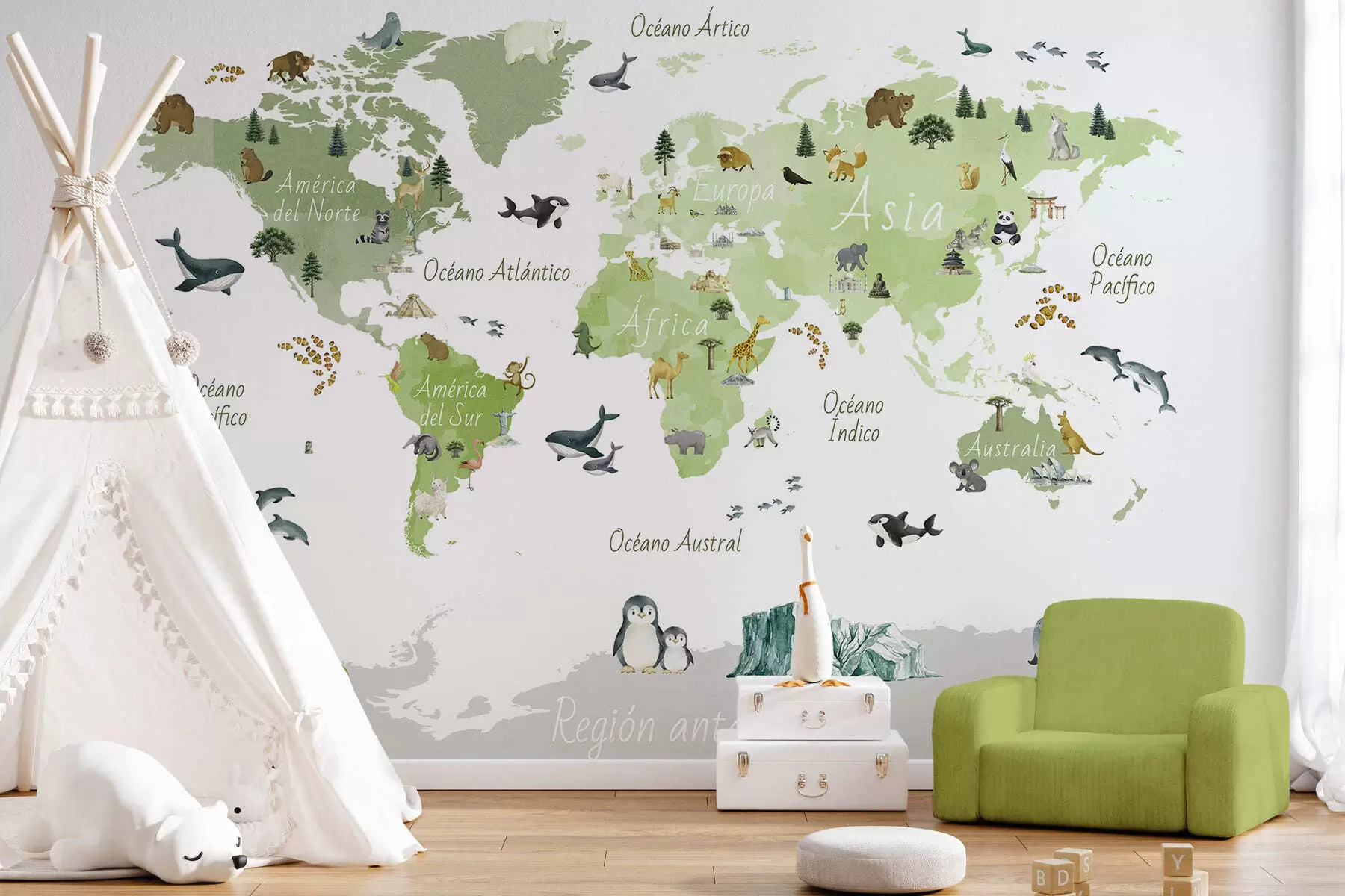 murais de parede Um mapa verde em estilo aquarela, com animais, plantas e arquitetura. Legendas em espanhol c00009esv2