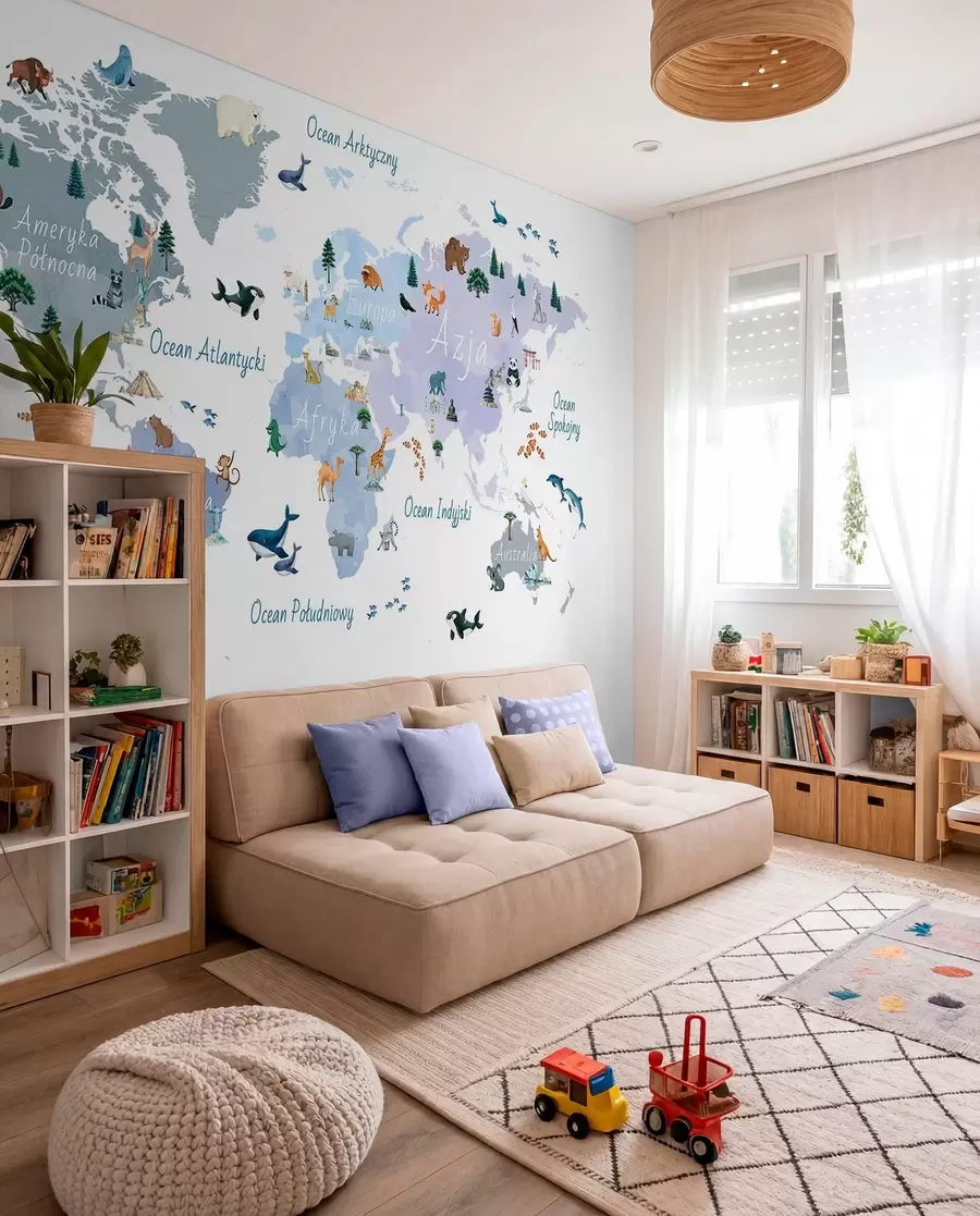 murais de parede Um mapa azul em estilo aquarela com animais, plantas e arquitetura. Legendas em polaco c00009plv1