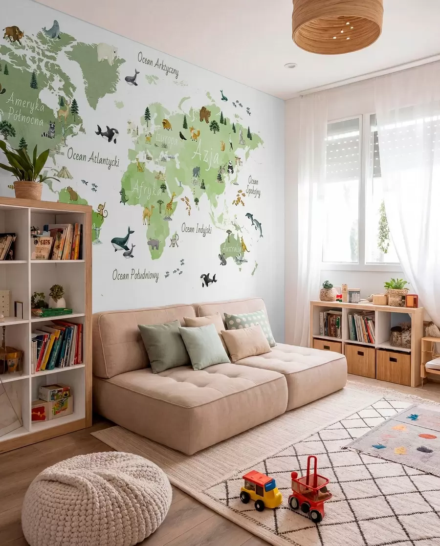 murais de parede Um mapa verde em estilo aquarela, com animais, plantas e arquitetura. Legendas em polaco c00009plv2