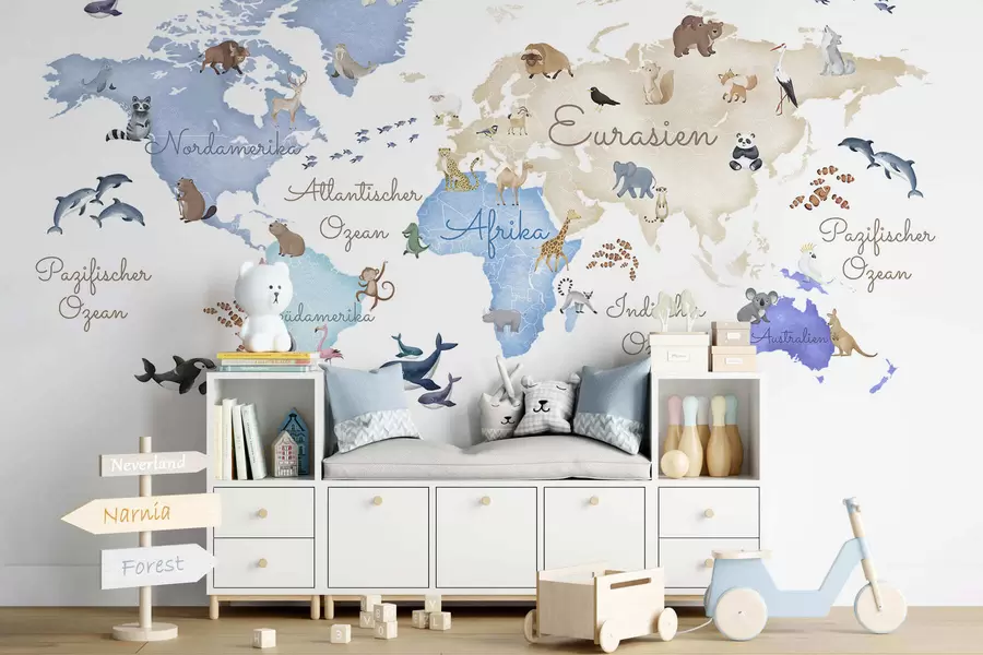 murais de parede Um mapa azul em estilo aquarela com animais. Legendas em alemão c00012dev1