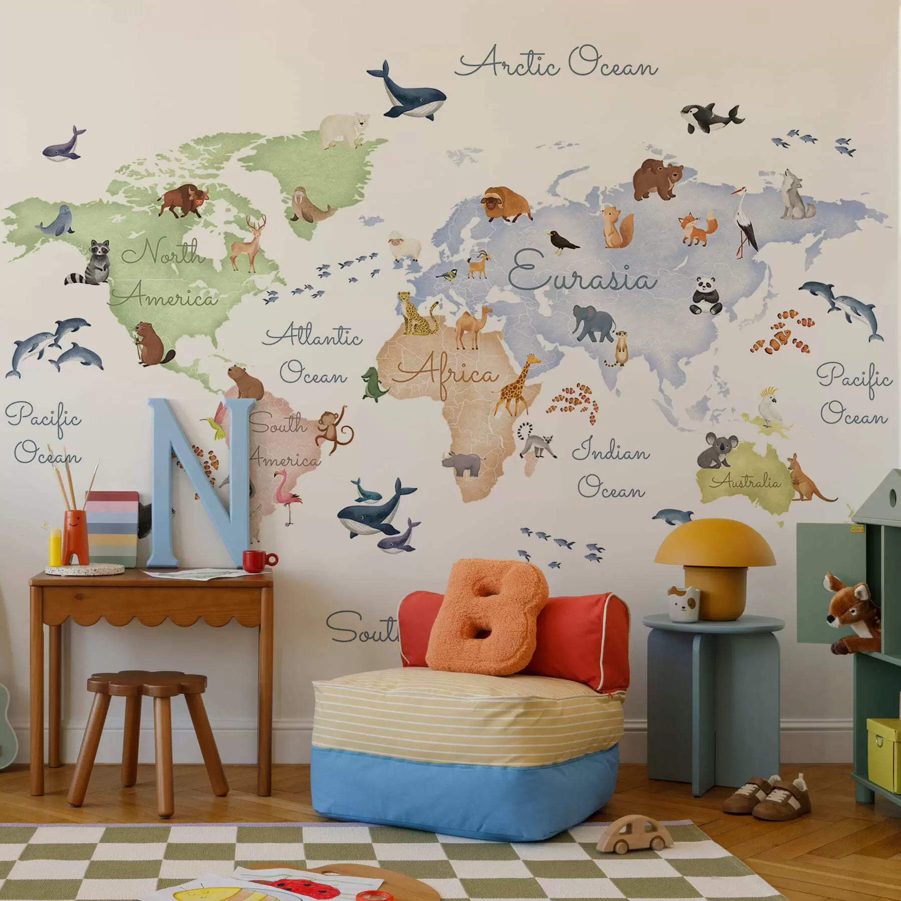 murais de parede Um mapa a cores em estilo aquarela com animais. Legendas em inglês c00012en