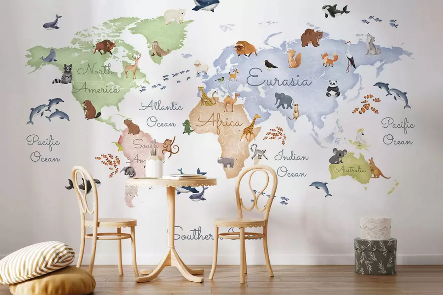 murais de parede Um mapa a cores em estilo aquarela com animais. Legendas em inglês c00012en