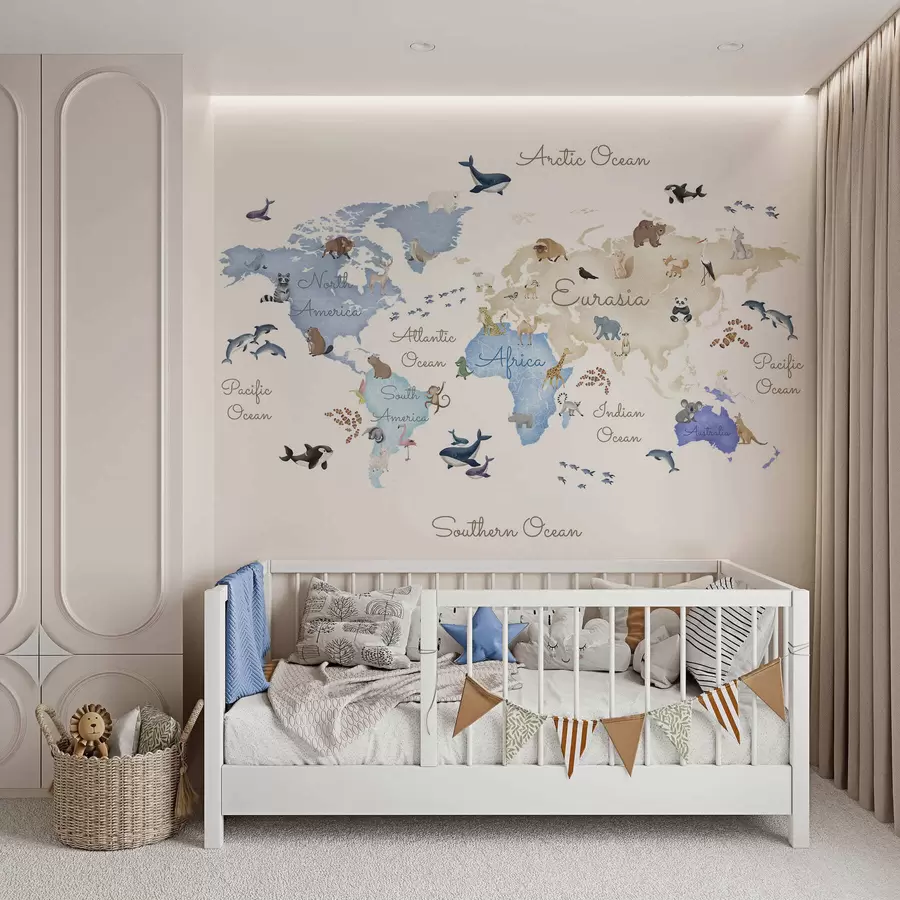 murais de parede Um mapa azul em estilo aquarela com animais. Legendas em inglês c00012env1