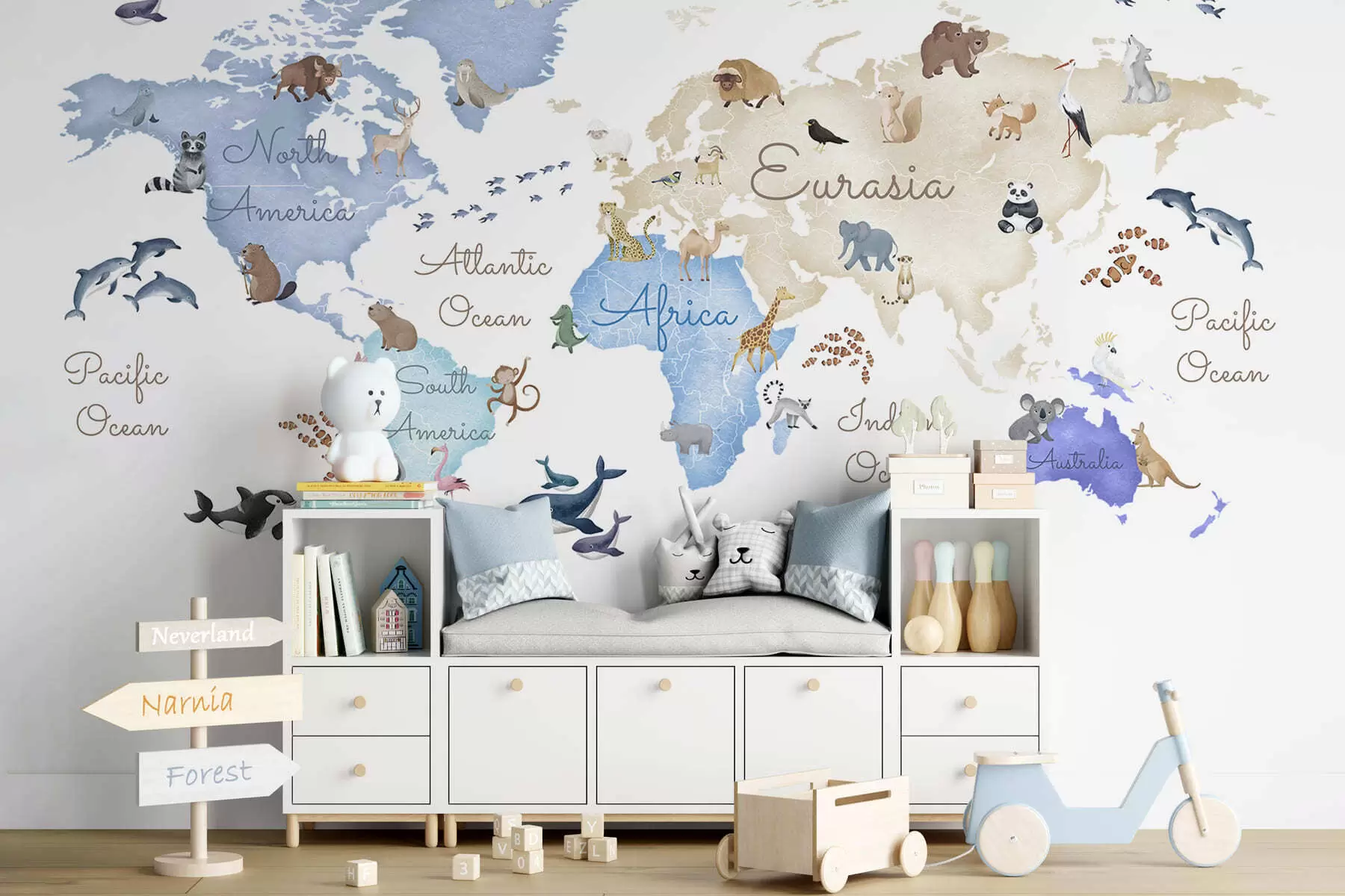 murais de parede Um mapa azul em estilo aquarela com animais. Legendas em inglês c00012env1