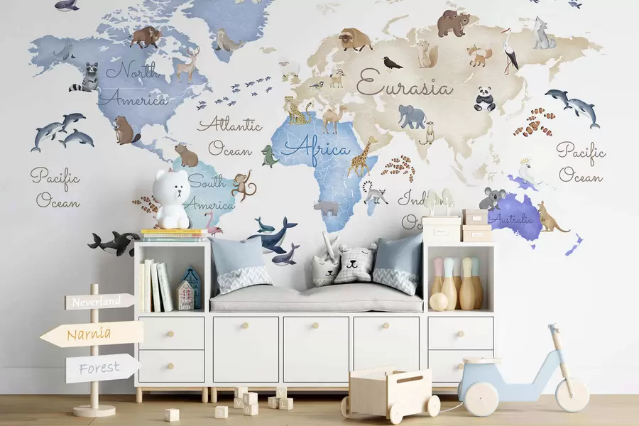 murais de parede Um mapa azul em estilo aquarela com animais. Legendas em inglês c00012env1