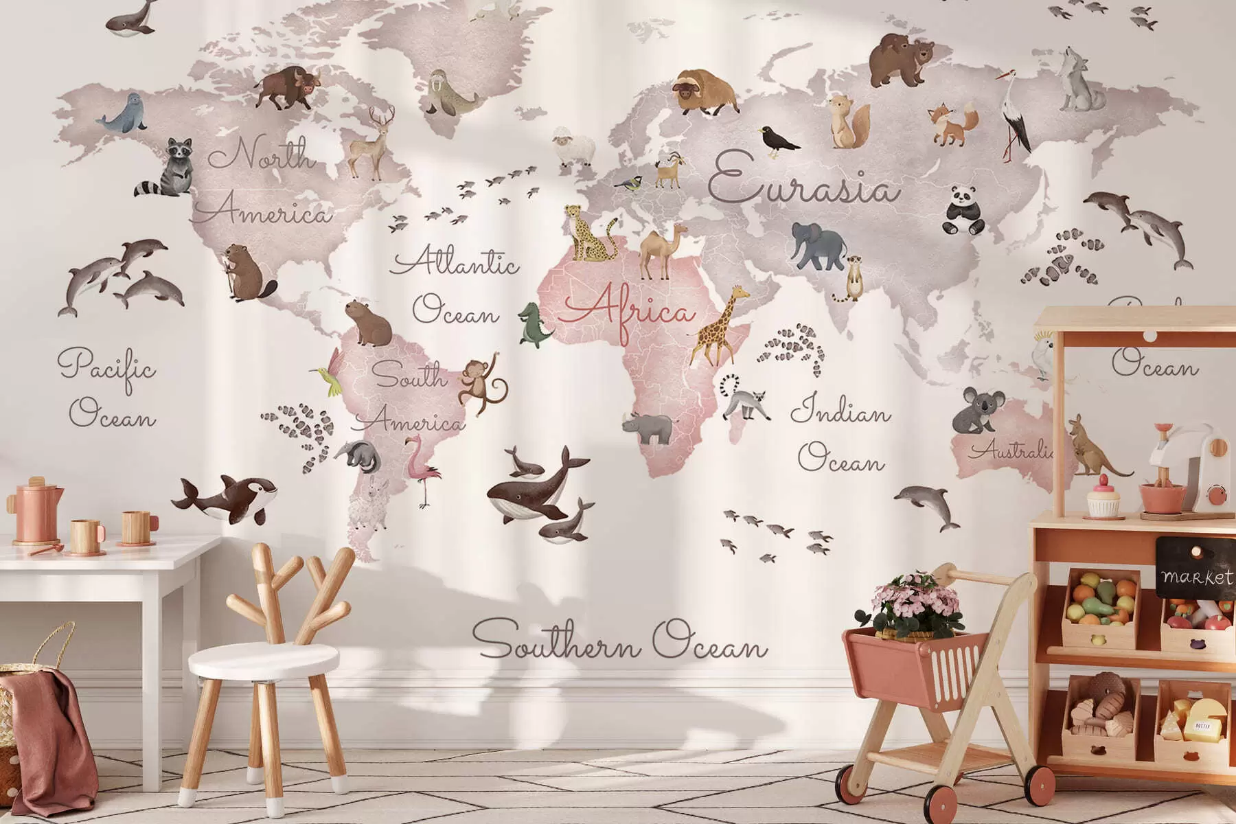 murais de parede Um mapa em tons de bege, com um estilo de aguarela, que apresenta animais. Legendas em inglês c00012env3