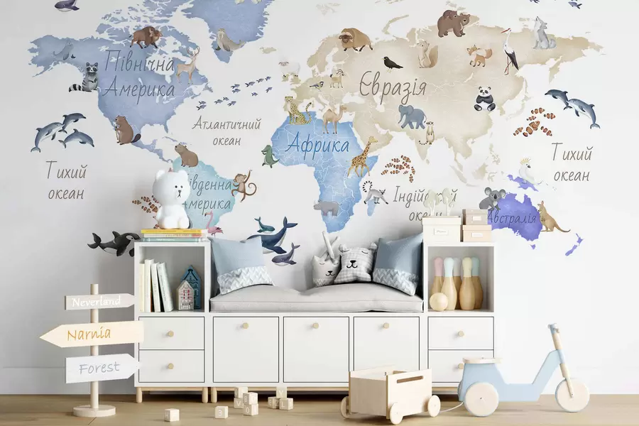 murais de parede Um mapa azul em estilo aquarela com animais. Legendas em ucraniano c00012ukv1