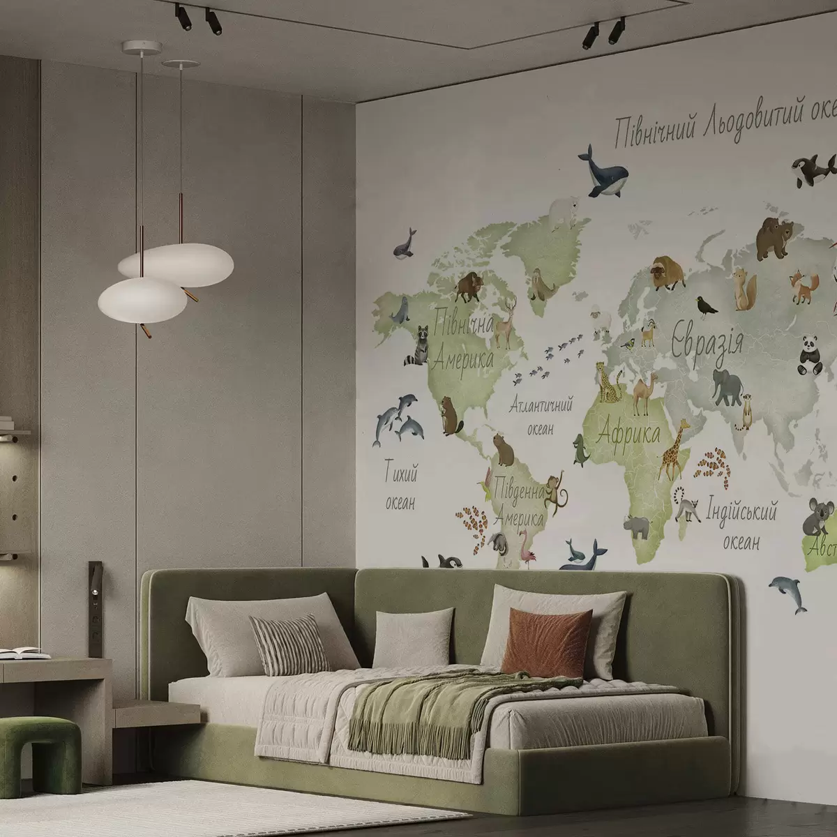 murais de parede Um mapa verde em estilo aquarela com animais. Legendas em ucraniano c00012ukv2