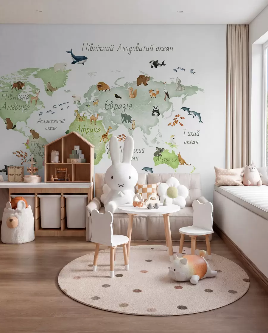 murais de parede Um mapa verde em estilo aquarela com animais. Legendas em ucraniano c00012ukv2