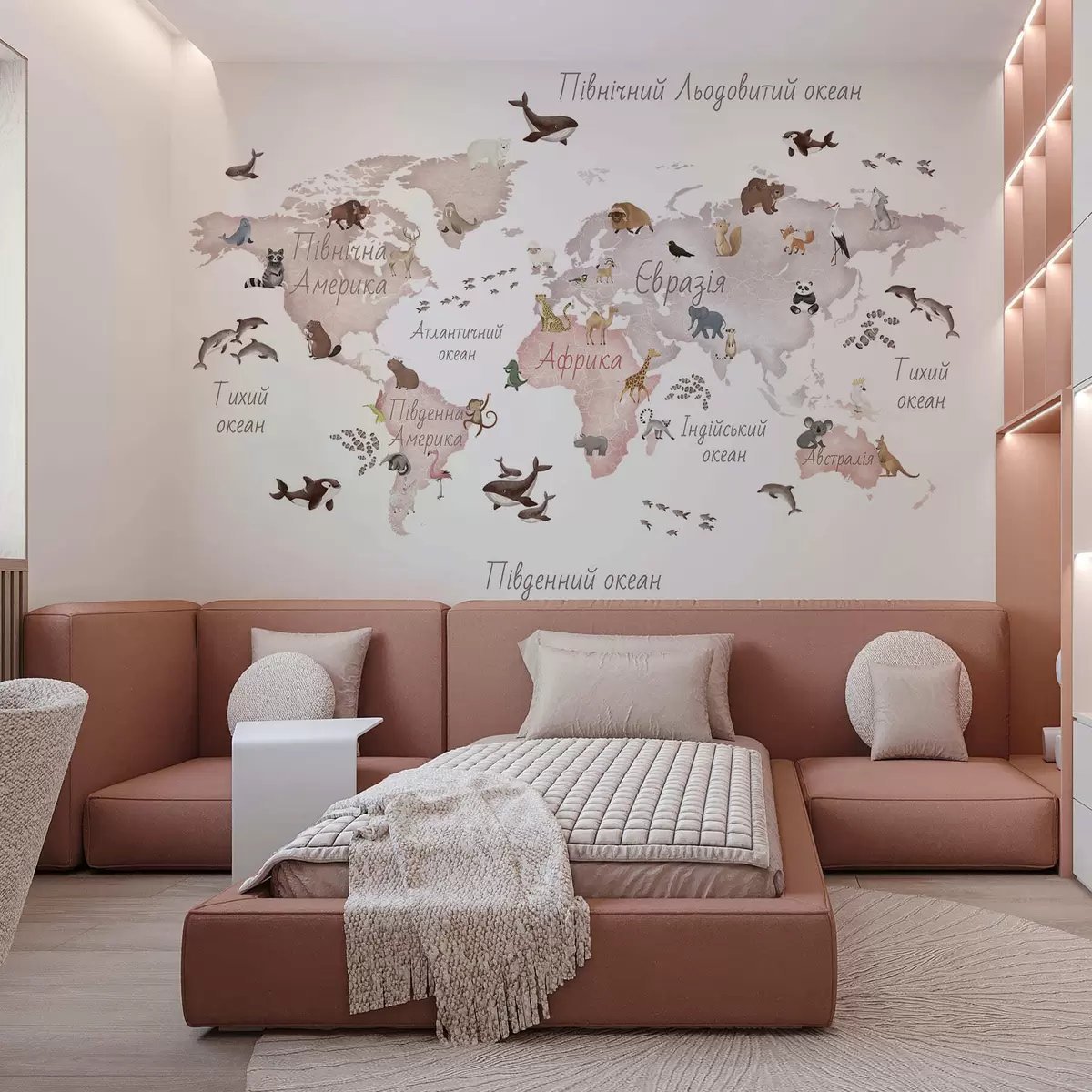 murais de parede Um mapa em tons de bege, com um estilo de aguarela, que apresenta animais. Legendas em ucraniano c00012ukv3