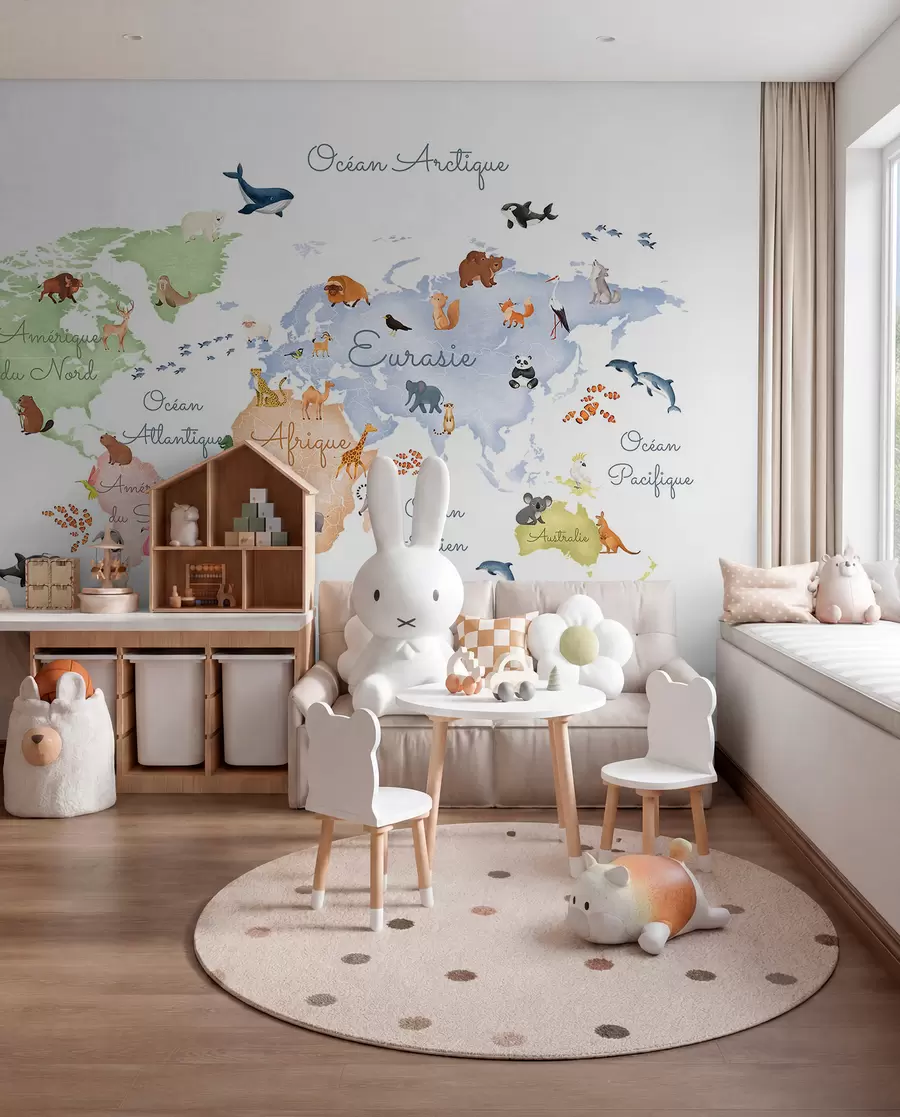 murais de parede Um mapa a cores em estilo aquarela com animais. Legendas em francês c00012fr
