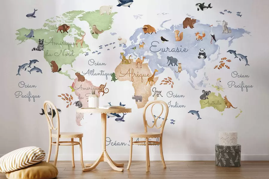 murais de parede Um mapa a cores em estilo aquarela com animais. Legendas em francês c00012fr