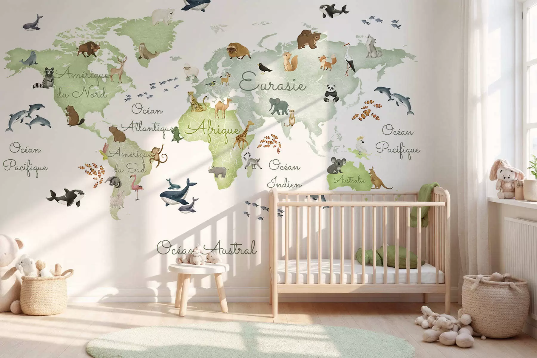 murais de parede Um mapa verde em estilo aquarela com animais. Legendas em francês c00012frv2