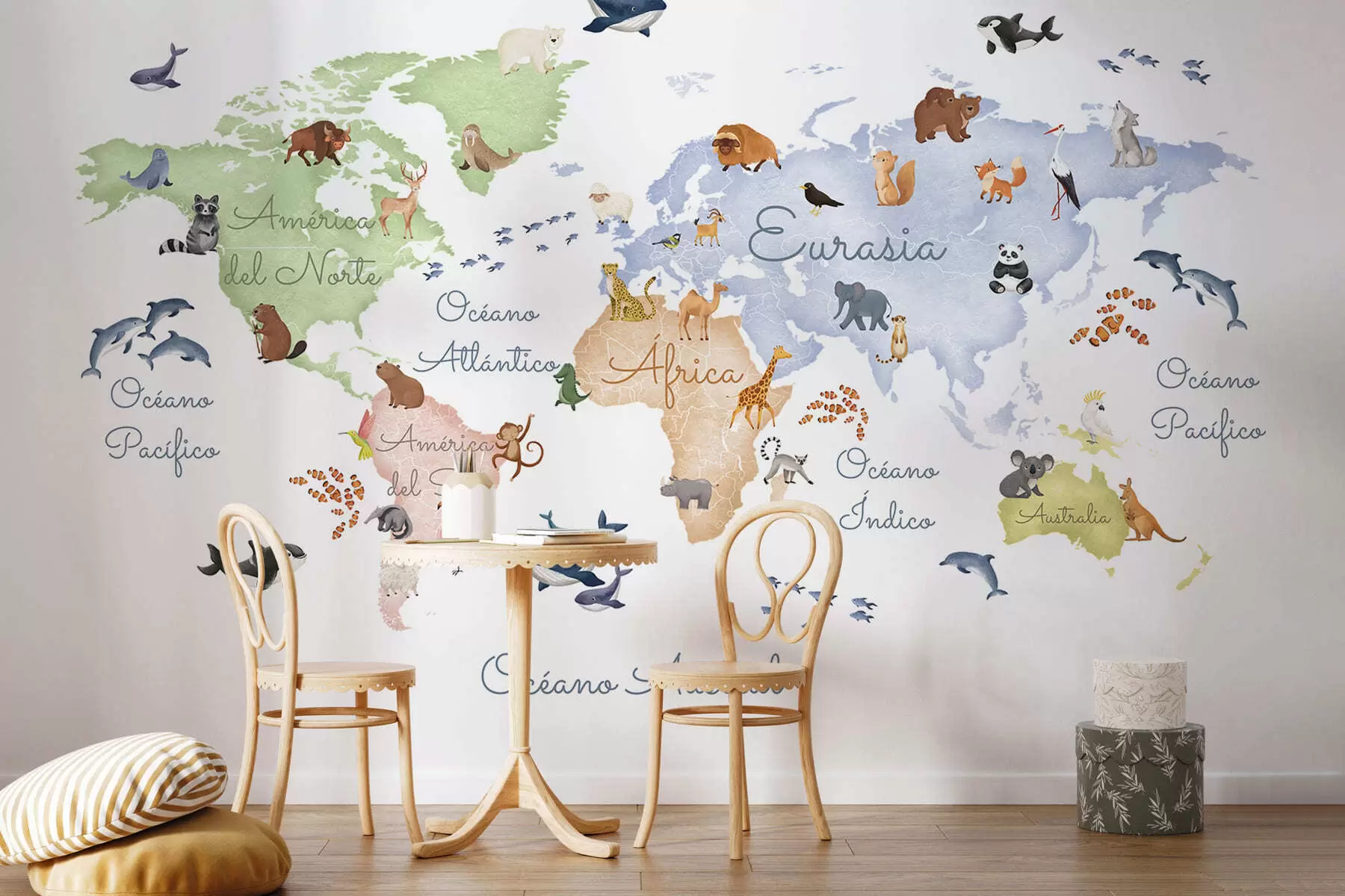 murais de parede Um mapa a cores em estilo aquarela com animais. Legendas em espanhol c00012es