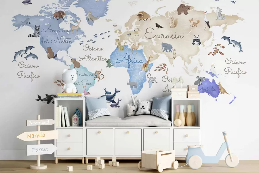 murais de parede Um mapa azul em estilo aquarela com animais. Legendas em espanhol c00012esv1