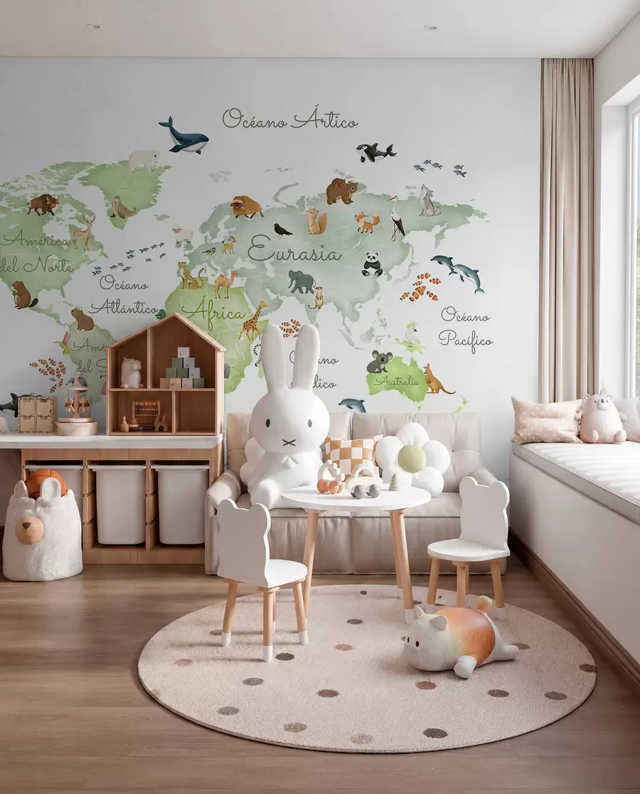 murais de parede Um mapa verde em estilo aquarela com animais. Legendas em espanhol c00012esv2