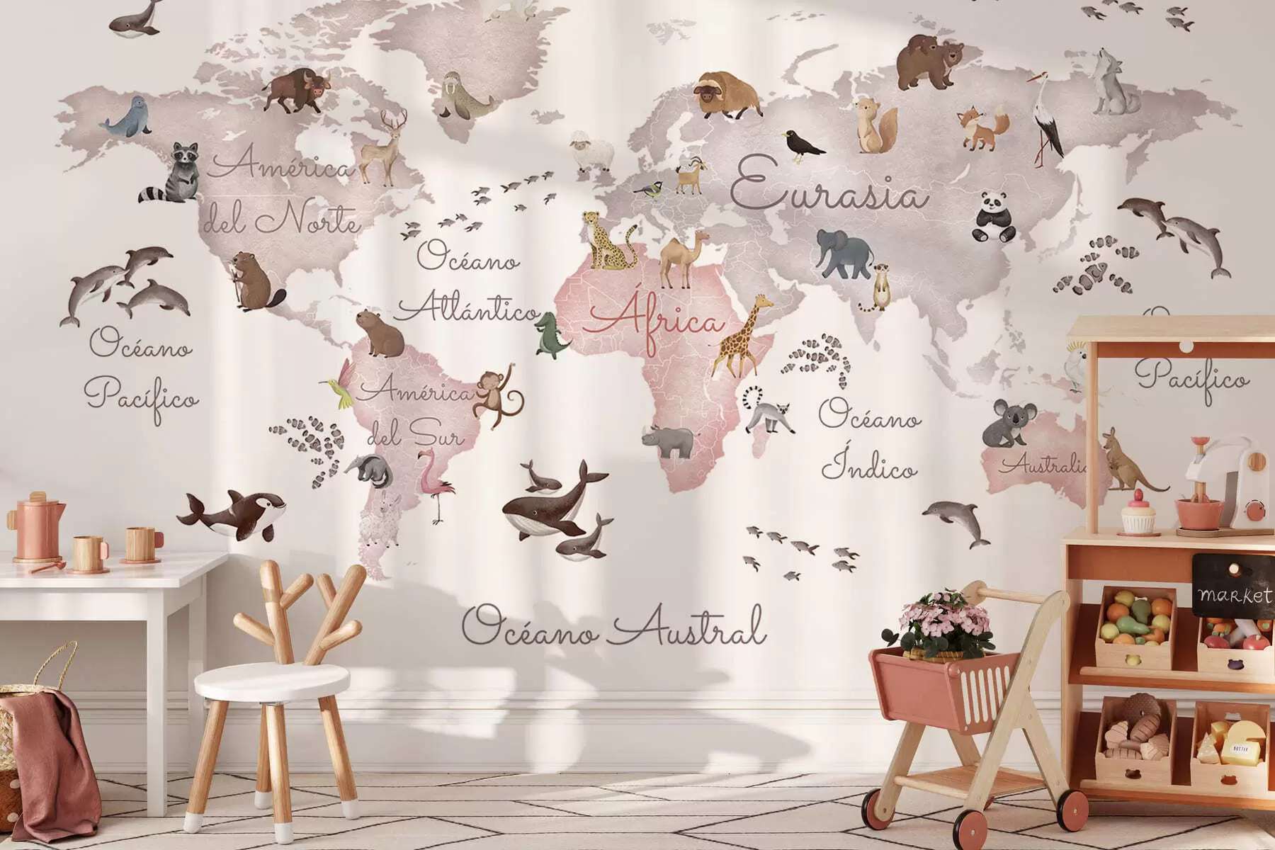 murais de parede Um mapa em tons de bege, com um estilo de aguarela, que apresenta animais. Legendas em espanhol c00012esv3