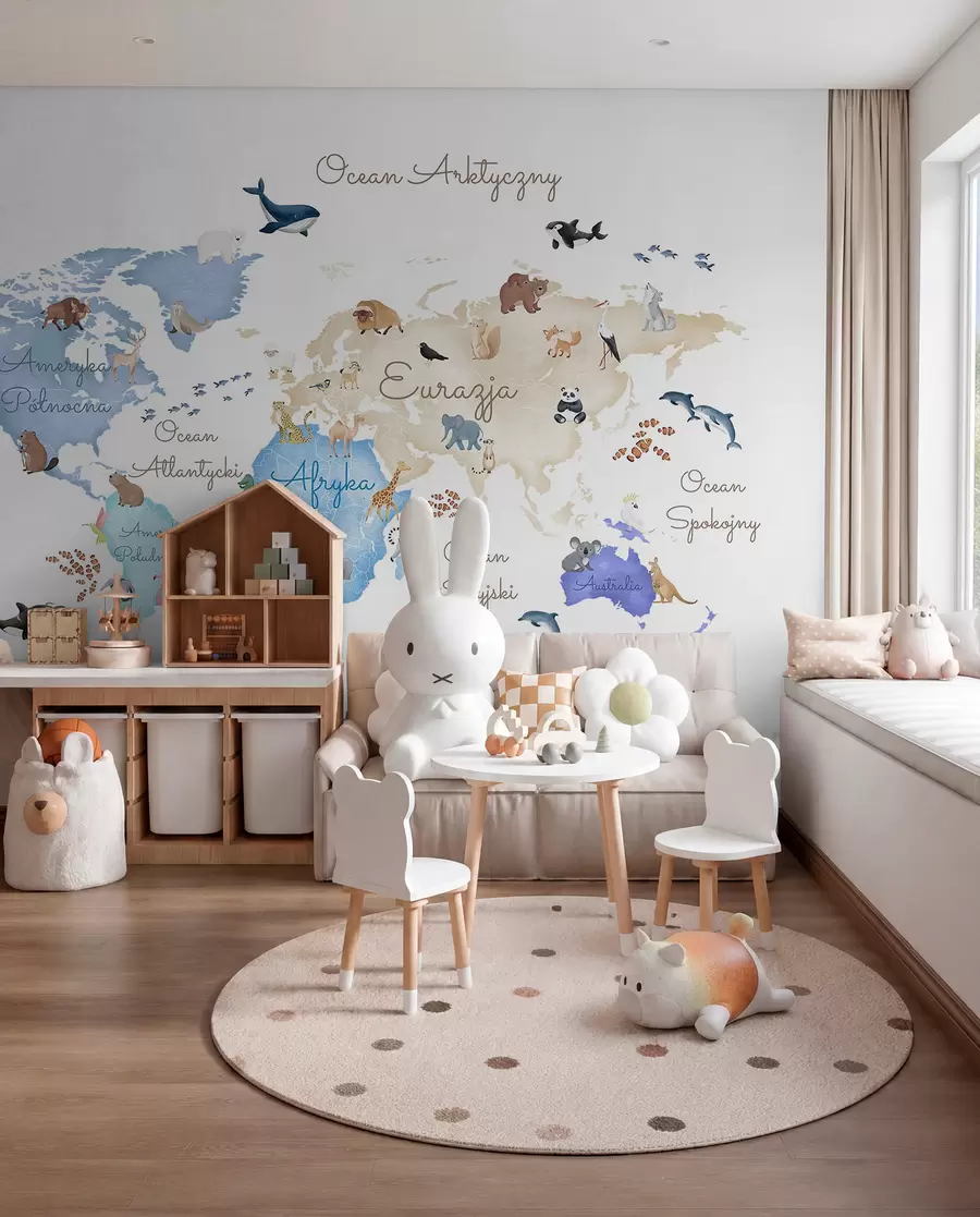 murais de parede Um mapa azul em estilo aquarela com animais. Legendas em polaco c00012plv1