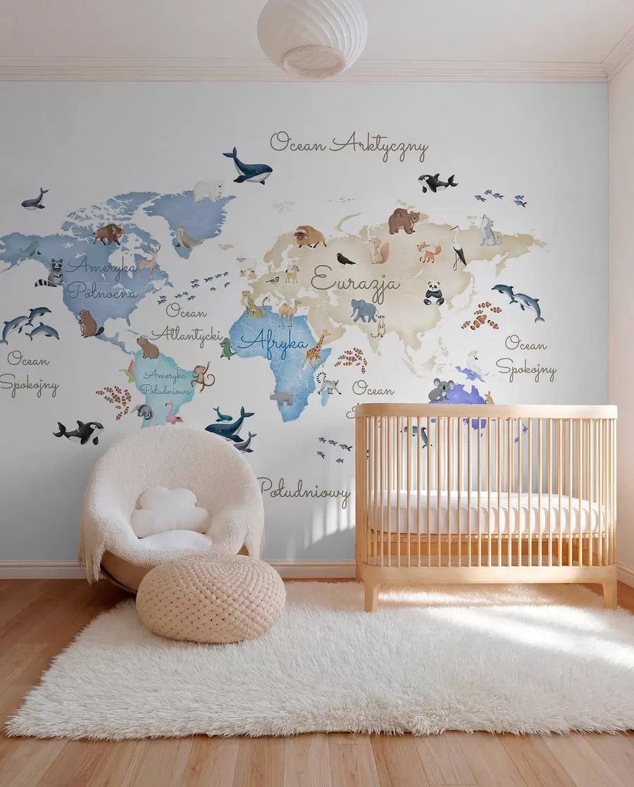 murais de parede Um mapa azul em estilo aquarela com animais. Legendas em polaco c00012plv1