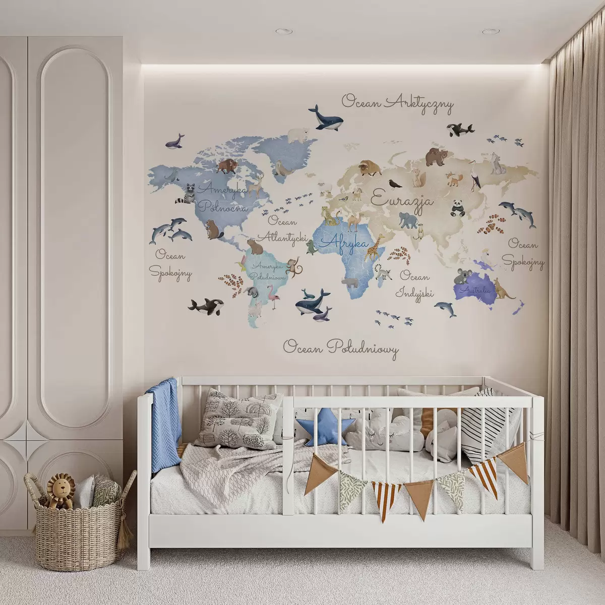 murais de parede Um mapa azul em estilo aquarela com animais. Legendas em polaco c00012plv1