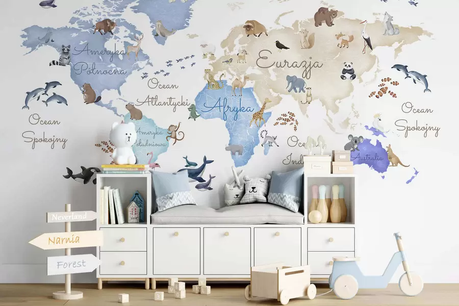 murais de parede Um mapa azul em estilo aquarela com animais. Legendas em polaco c00012plv1