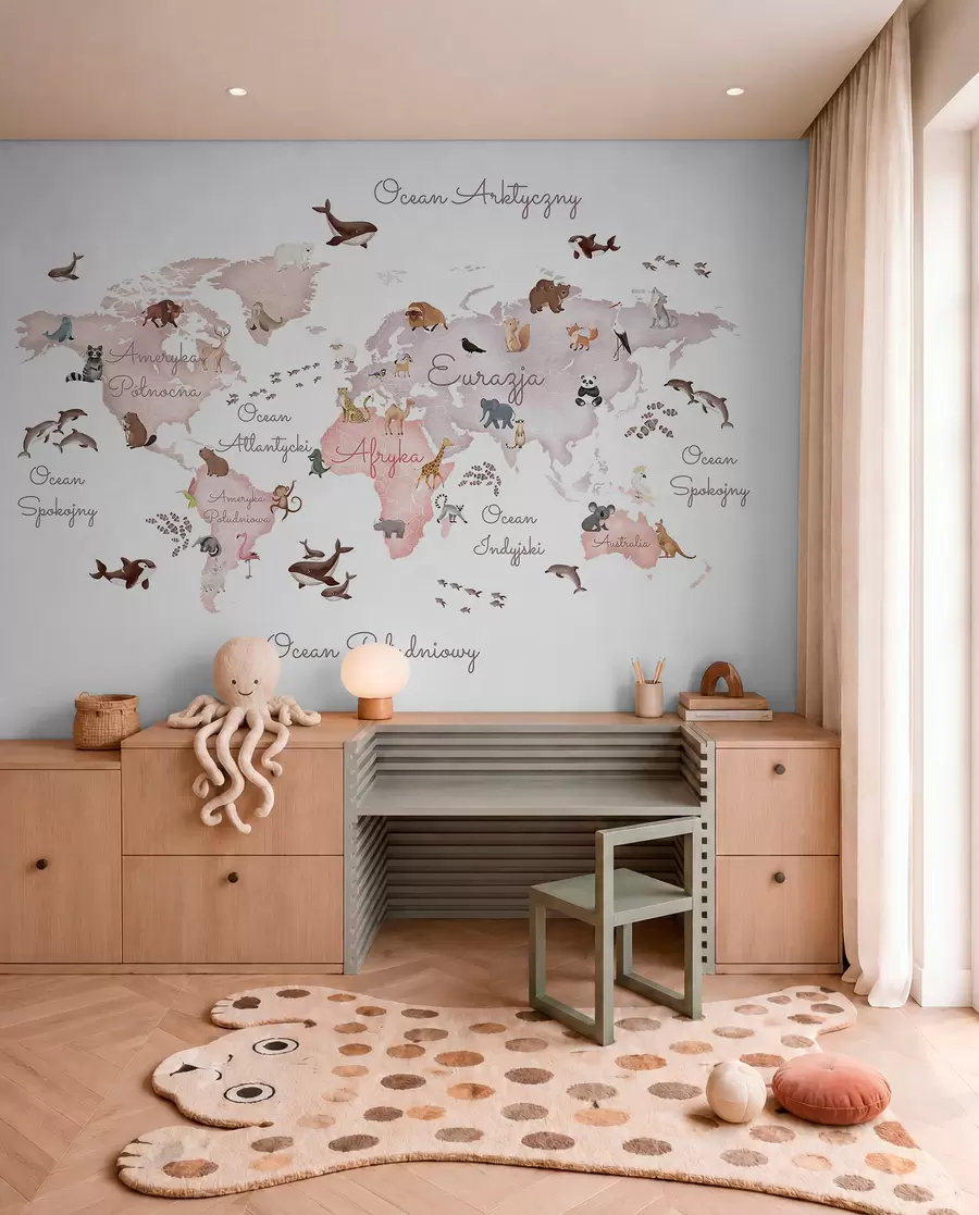 murais de parede Um mapa em tons de bege, com um estilo de aguarela, que apresenta animais. Legendas em polaco c00012plv3