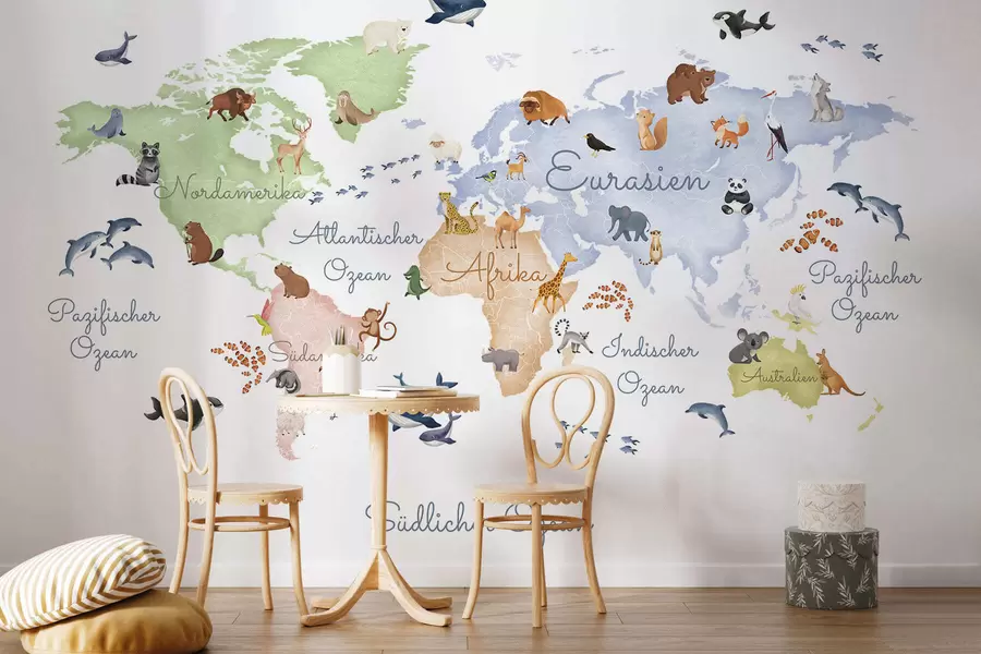 murais de parede Um mapa branco em estilo aquarela com animais. Legendas em alemão c00012de