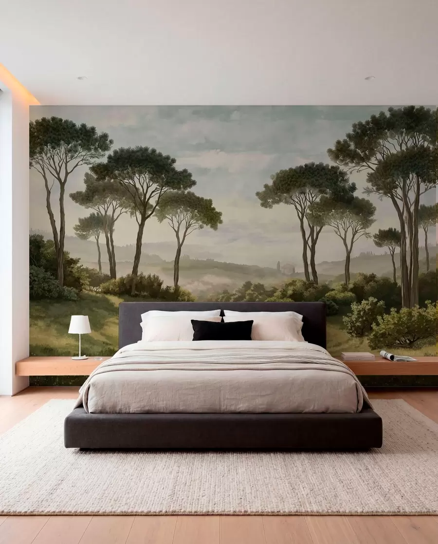 murais de parede Paisagem com árvores, prado e neblina ao longe w05122v1