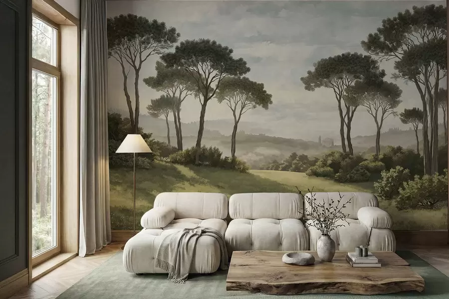 murais de parede Paisagem com árvores, prado e neblina ao longe w05122v1