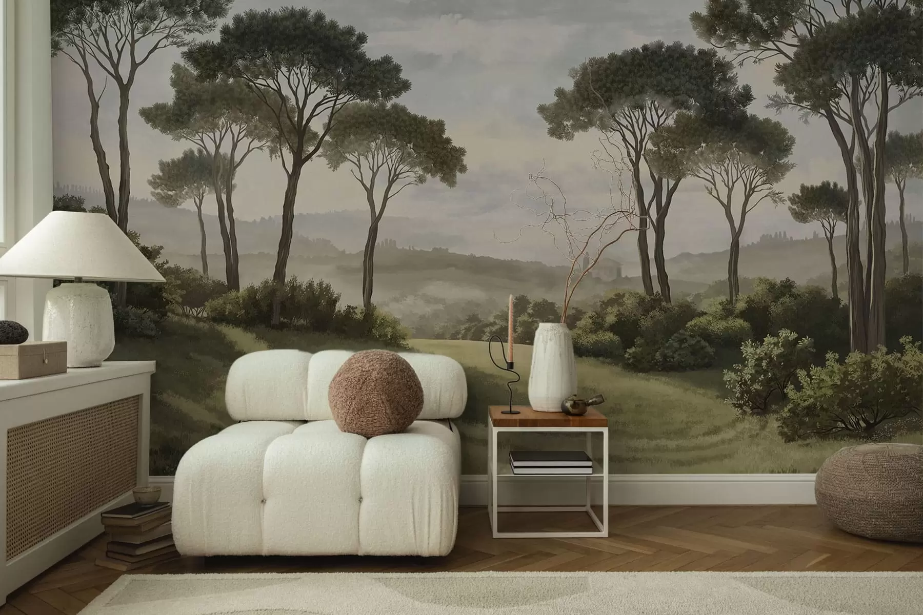 murais de parede Paisagem com árvores, prado e neblina ao longe w05122v1