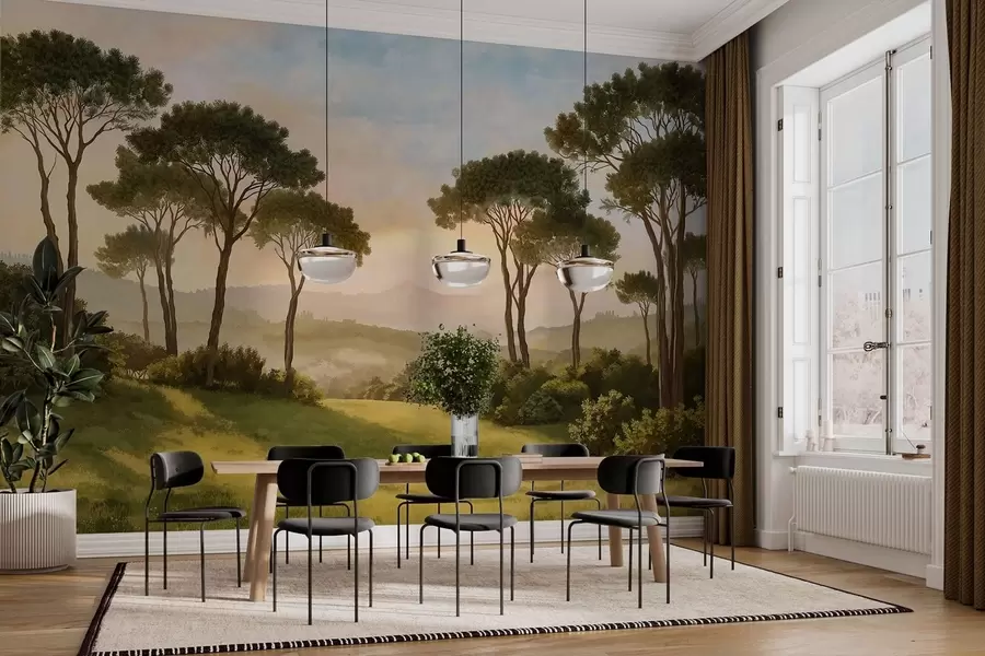 murais de parede Paisagem com árvores banhadas pela luz quente do pôr-do-sol w05122