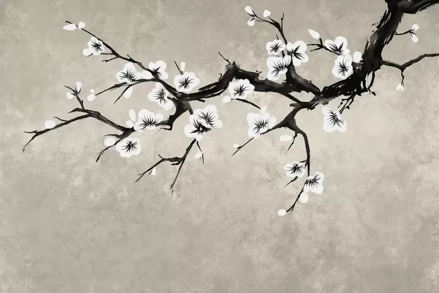 murais de parede Ramo com flores brancas em estilo minimalista w05425