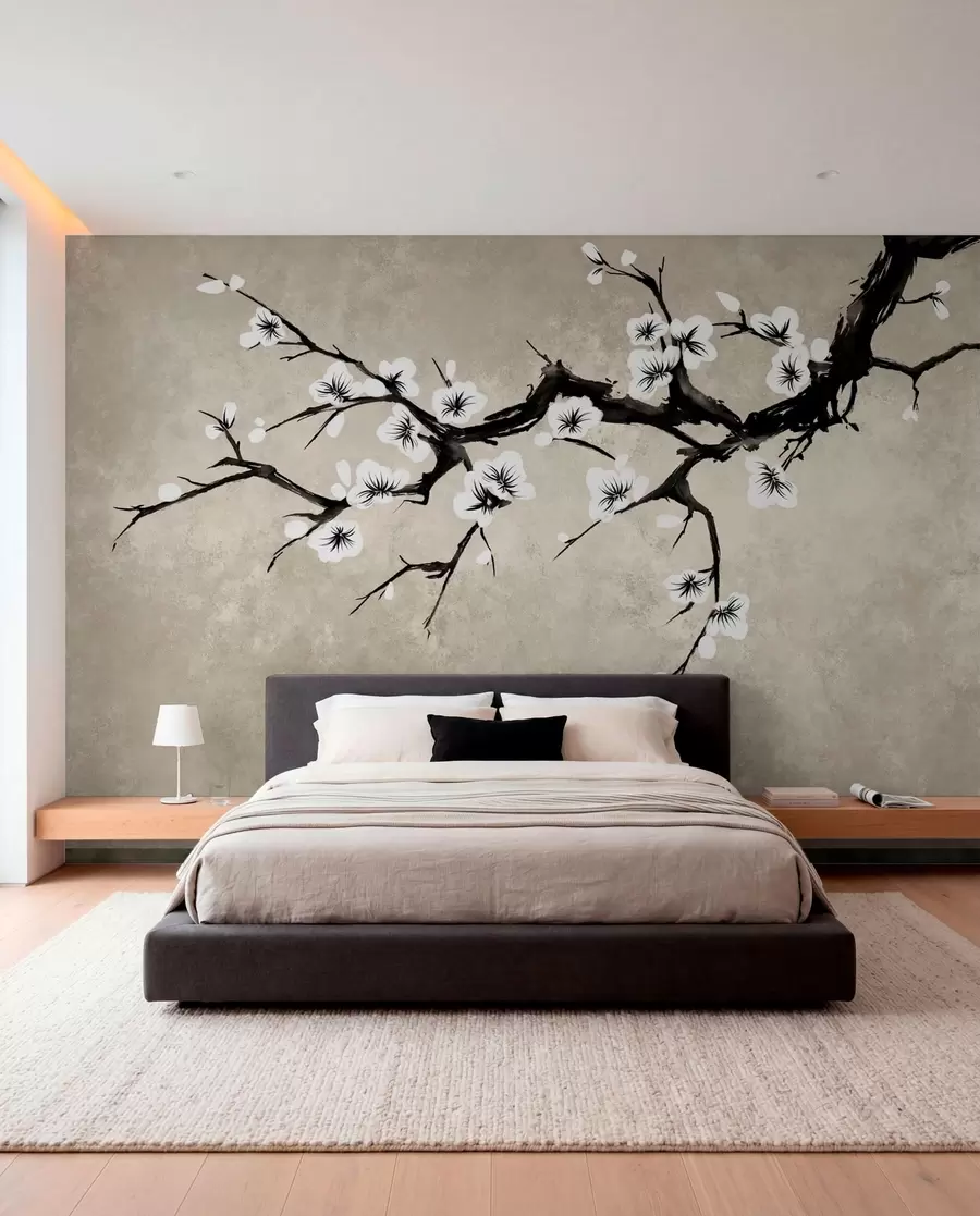 murais de parede Ramo com flores brancas em estilo minimalista w05425