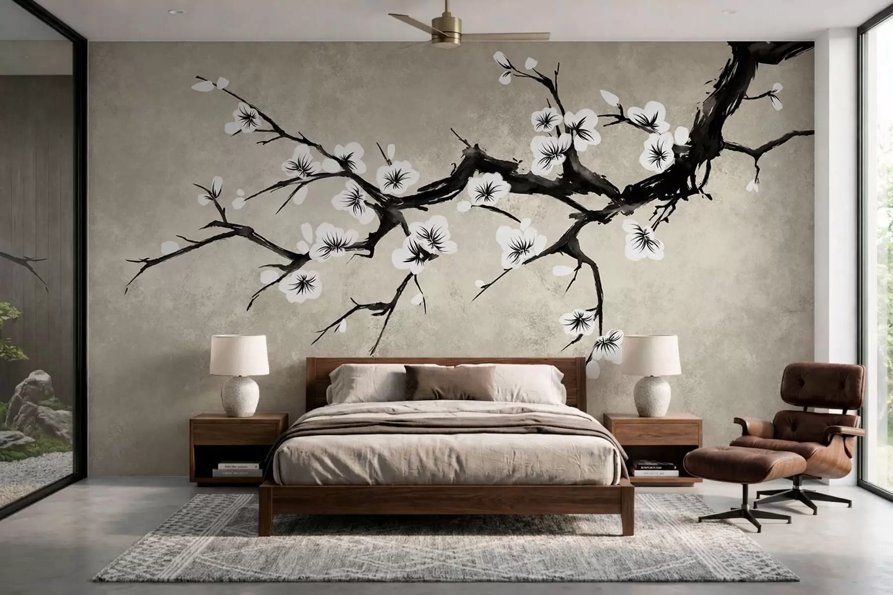 murais de parede Ramo com flores brancas em estilo minimalista w05425
