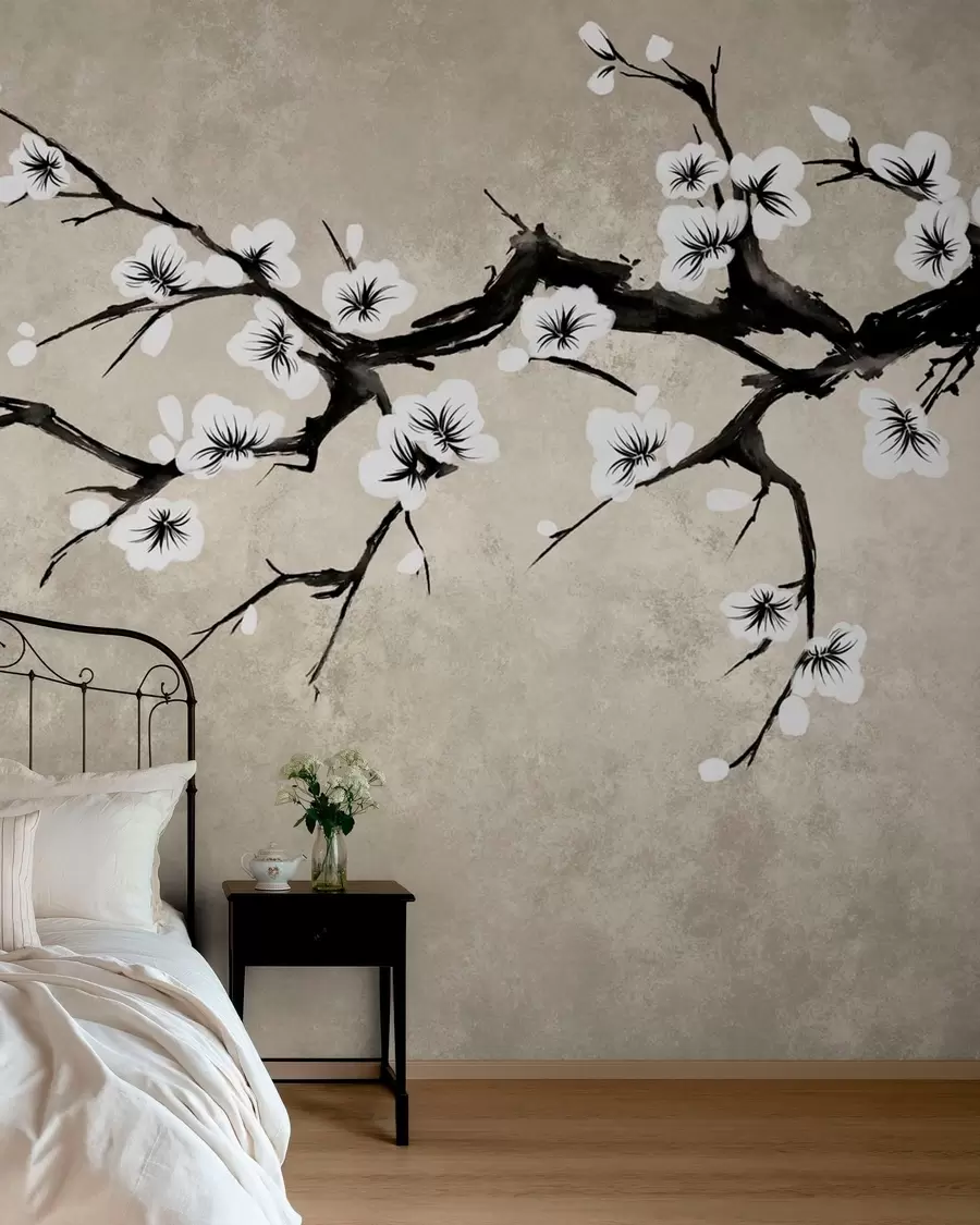 murais de parede Ramo com flores brancas em estilo minimalista w05425