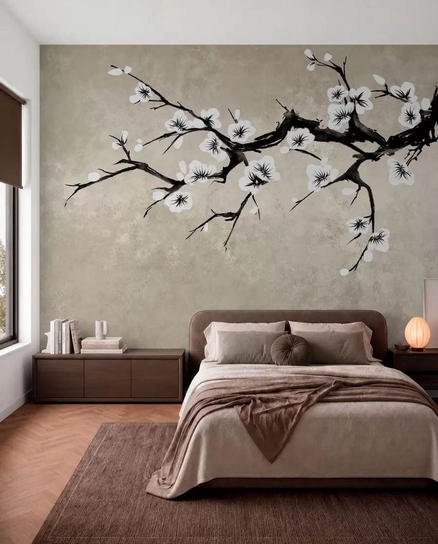 murais de parede Ramo com flores brancas em estilo minimalista w05425