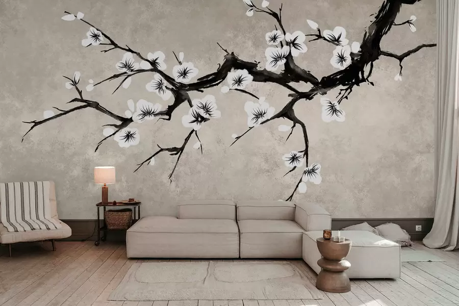 murais de parede Ramo com flores brancas em estilo minimalista w05425