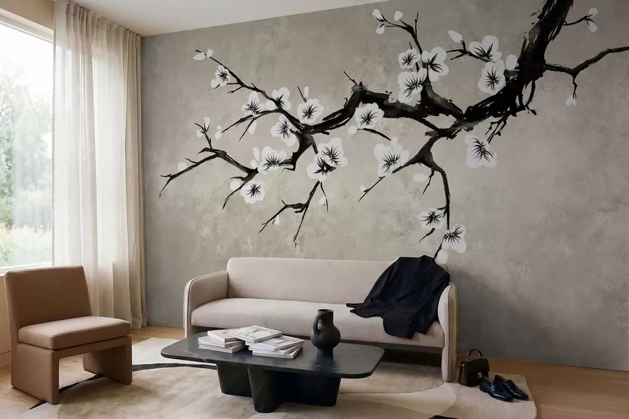 murais de parede Ramo com flores brancas em estilo minimalista w05425