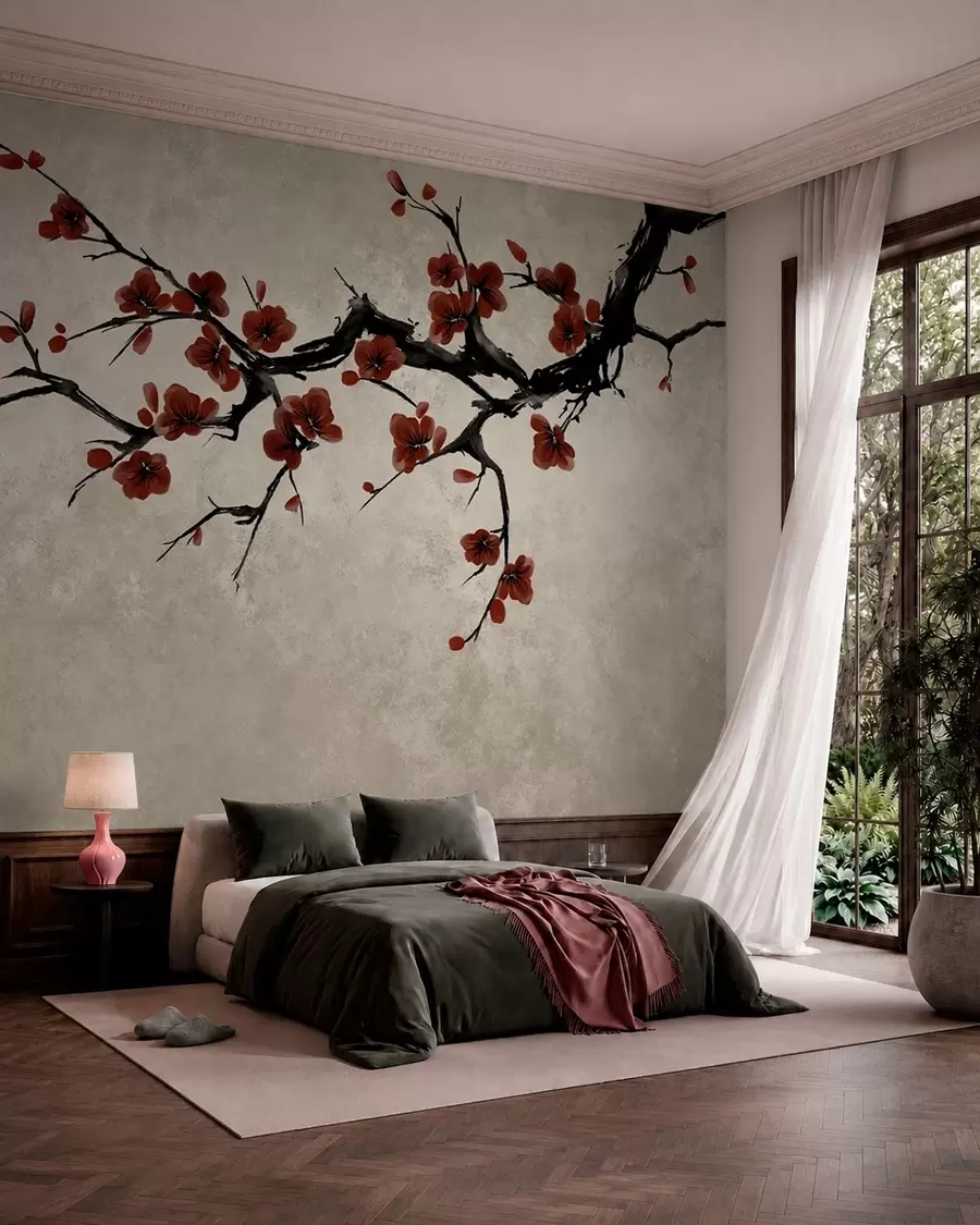 murais de parede Ramo com flores vermelho-escuras sobre fundo neutro w05425v1
