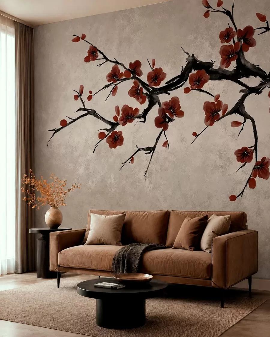 murais de parede Ramo com flores vermelho-escuras sobre fundo neutro w05425v1