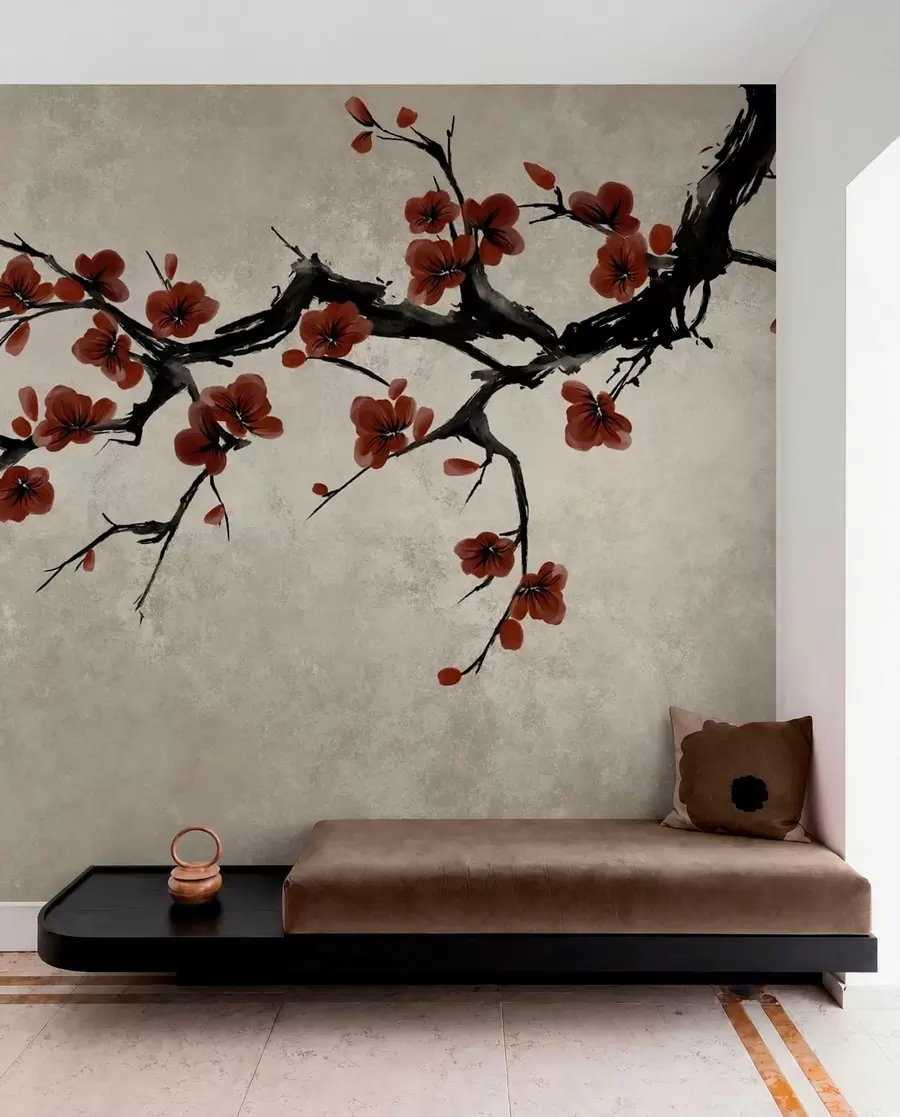 murais de parede Ramo com flores vermelho-escuras sobre fundo neutro w05425v1