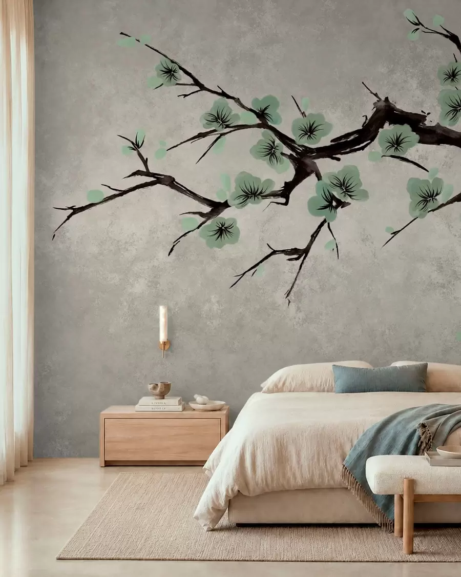 murais de parede Ramo com flores verdes em tons suaves w05425v2