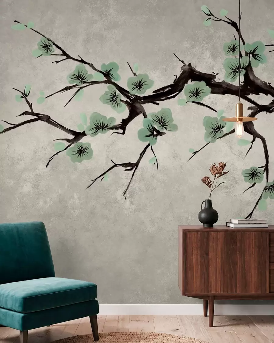 murais de parede Ramo com flores verdes em tons suaves w05425v2
