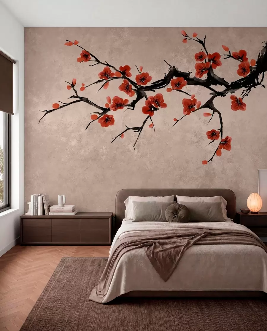 murais de parede Ramo florido em estilo oriental sobre fundo bege w05425v4
