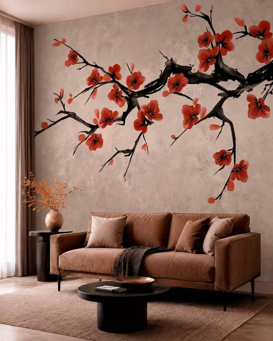 murais de parede Ramo florido em estilo oriental sobre fundo bege w05425v4