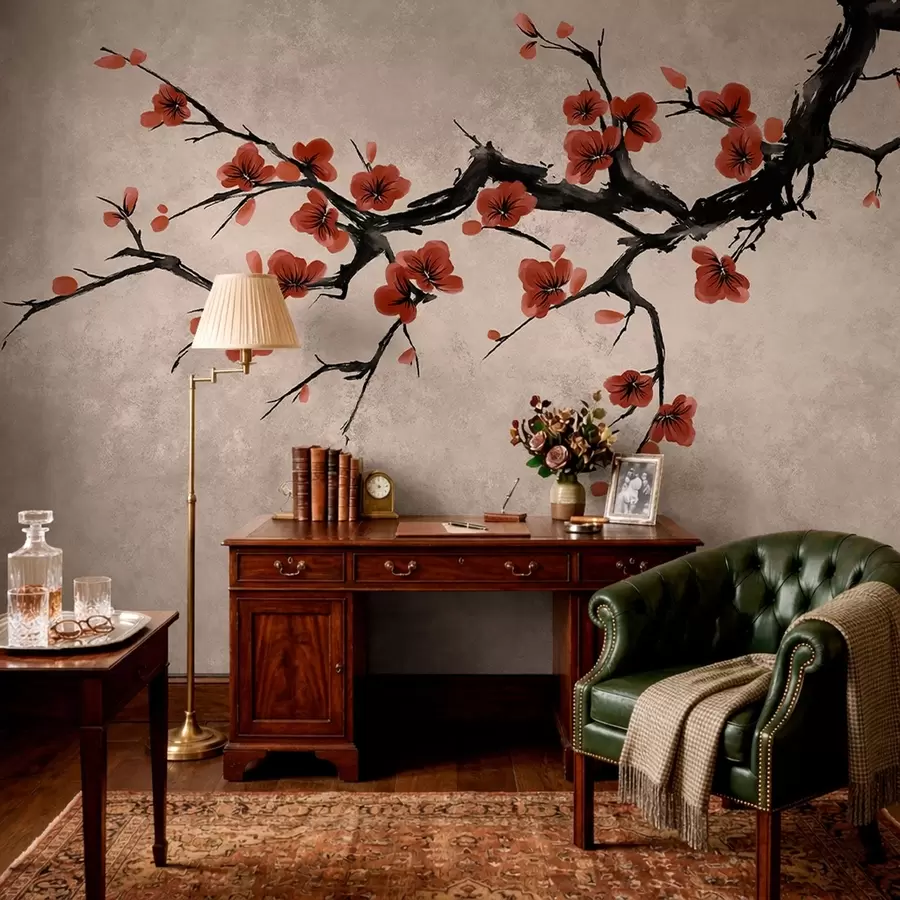 murais de parede Ramo florido em estilo oriental sobre fundo bege w05425v4