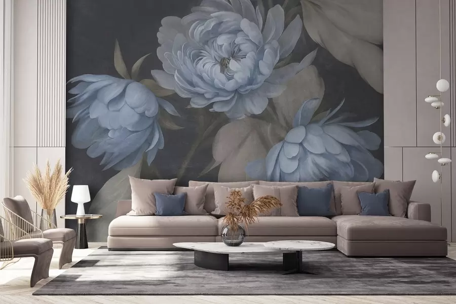 murais de parede Flores de peônia azul-claro com textura e folhas bege sobre um fundo escuro w09751